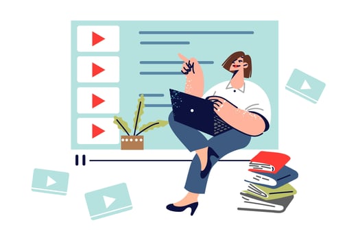 Woman receives online education by watching lessons on laptop and sitting near books vector