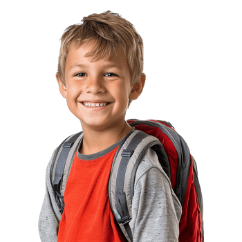 A boy smiling as he smiles with a backpack isolated on transparent background png
