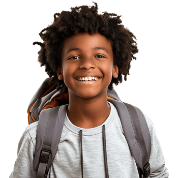 A boy smiling as he smiles with a backpack isolated on transparent background png