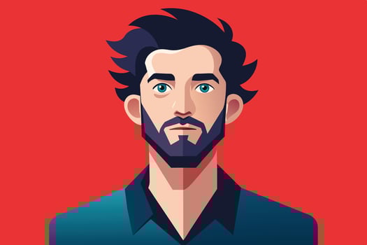 Illustrated Portrait of a Man With Blue Eyes and a Beard Against a Red Background vector