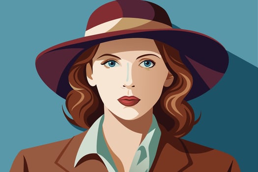 Woman With Brown Hair Wearing a Wide-Brimmed Hat and Brown Jacket vector