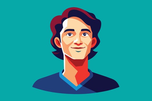 Smiling Man With Brown Hair and Blue Shirt Looking Upwards vector