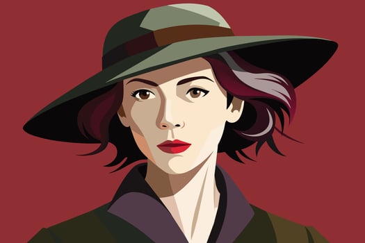 Woman In Green Hat Looking At The Camera In Front Of Red Background vector