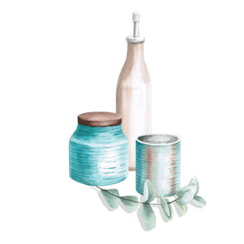 Set of kitchen jars, oil bottle and eucalyptus branch in watercolor illustration . Hand-drawn illustration for invitations, announcements of culinary master classes, magazines. png