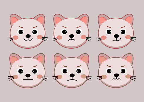 Cat pet head face icon, funny cartoon cats, Cat face with various expressions and patterns flat design vector