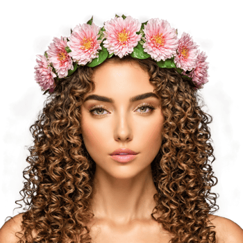 Sophia a beautiful woman with long curly hair and a flower crown looking dreamy png