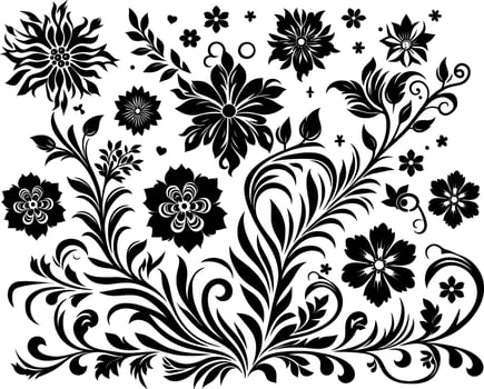 Flower design elements silhouette pattern, black and white decorative Floral design Silhouette Motif Pattern, vector