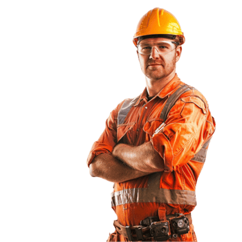 a man in an orange work uniform with his arms crossed png