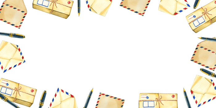 World Post Day. Rectangular frame made of envelopes and letters, stationery. All elements are hand-painted with watercolors. Suitable for printing on fabric, paper, scrapbooking png