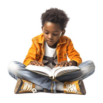 African American Boy Kid Sitting Student Reading Book Isolated on Transparent Background png