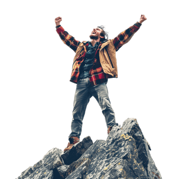 Man Celebrating on Top of the Mountain Depicting Success Isolated on Transparent Background png
