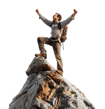 Man Celebrating on Top of the Mountain Depicting Success Isolated on Transparent Background png