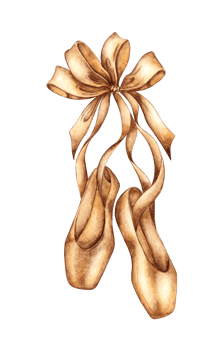 Women's ballet shoes brown with ribbons and bow watercolor illustration. Pastel beige pointe shoes, dancer attribute isolated from background. For the design of dance, ballet, stickers, cards, png