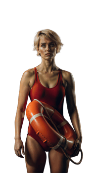 Full body picture of a serious female lifeguard holding a life buoy on a transparent background png