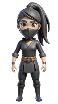 Full body illustration of a female ninja character in black uniform on transparent background png