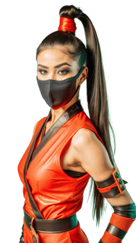 Full body image of a female ninja in red outfit and face mask on a transparent background png