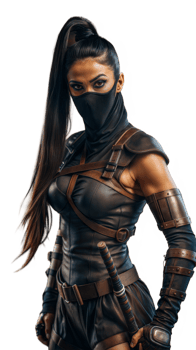 Mysterious female ninja in black leather costume with sword on transparent background png