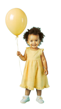 Happy toddler girl in yellow dress holding balloon on transparent background png