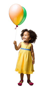 Happy toddler girl holding a colorful balloon on a transparent background png