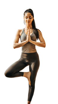 Full body picture of a female yoga instructor in tree pose on a transparent background png