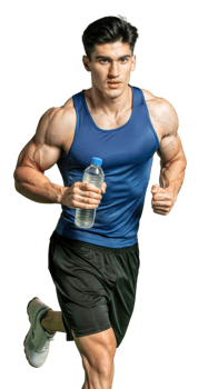 Full body shot of a determined male athlete holding a water bottle while running png