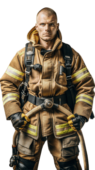 Full body portrait of a male firefighter in uniform with firefighting equipment on a transparent background png