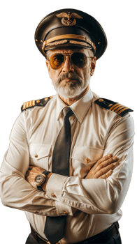 Confident older male pilot in uniform with arms crossed on transparent background png