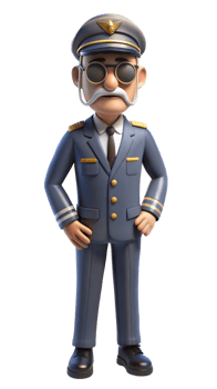 Full body illustration of a male pilot in his fifties wearing a uniform and glasses on a transparent background png