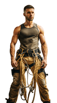 Full body view of a male rock climber in gear, standing confidently on a transparent background png