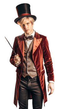 Full body portrait of young male magician in a top hat and velvet suit with wand on transparent background png