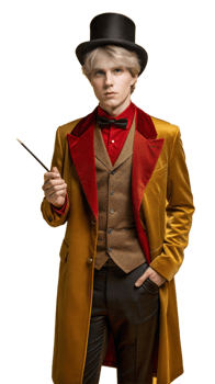 Young male magician in a gold and red suit performing magic with a wand on a transparent background png