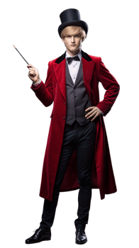 Young male magician in top hat and red coat performing with a wand on transparent background png