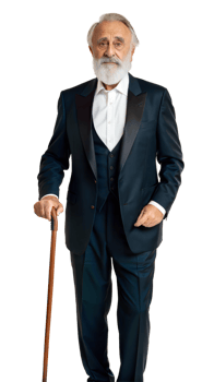 Elderly man in elegant suit with cane on a transparent background png