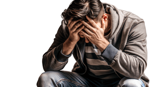 Depressed person with head in hands showing signs of sadness on transparent background png