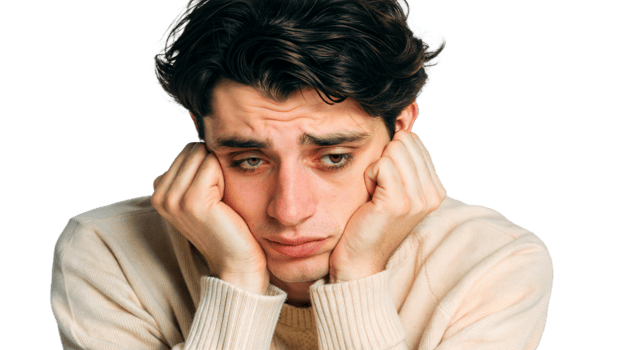 Young man feeling sad and depressed, looking down in contemplation on transparent background png