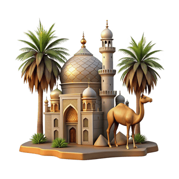 islamic mosque with camel and palm trees png