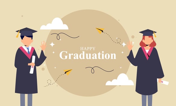 Graduation banner with cartoon, hats stars and diplomas flying vector