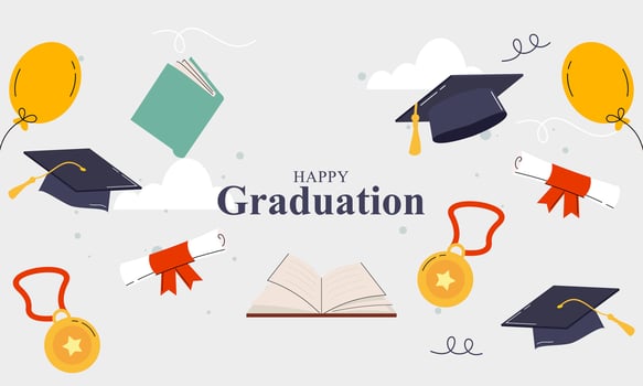 Graduation banner with cartoon, hats stars and diplomas flying vector