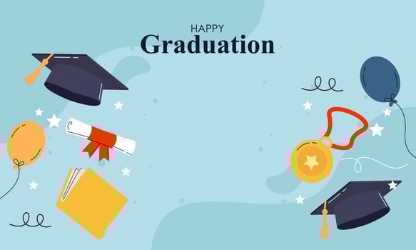 Graduation banner with cartoon, hats stars and diplomas flying vector