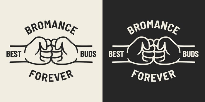 Bromance best buds forever text. Illustration of two male hands that greet each other with a fist bump symbolizing friendship. vector