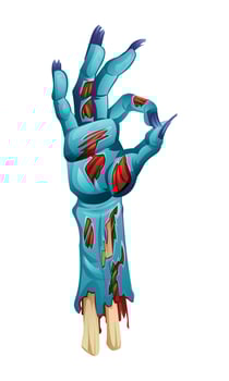 Zombie hand making OK sign with detailed torn skin and exposed bones. cartoon illustration vector