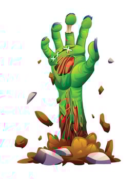 Zombie hand with torn skin and exposed bones rising from the ground. Halloween cartoon illustration vector