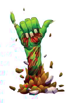 Zombie hand making shaka sign with torn skin and exposed bones rising from the ground. cartoon illustration vector