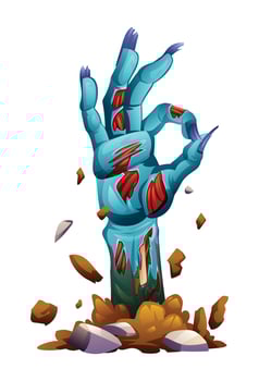 Zombie hand making an OK sign with torn skin and exposed bones rising from the ground. cartoon illustration vector