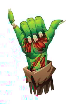 Zombie hand with torn skin making a shaka sign. cartoon illustration vector