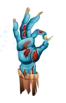 Zombie hand with torn skin making an OK sign. cartoon illustration vector
