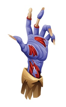 Zombie hand with torn skin details making a grasping gesture. cartoon illustration isolated on white background vector