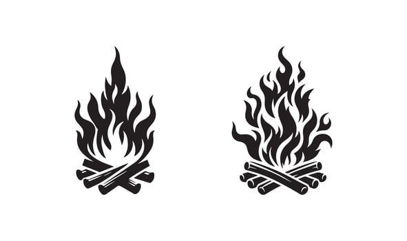 two black and white images of fire and wood vector