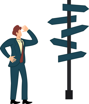 Businessman standing at a crossroad and looking directional signs arrows in difficult choice concept and startup or leadership to choose the right way to success concept png
