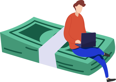 online business making money salary and investment return or young man working with laptop sitting on heap of dollar banknotes png